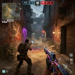 an alley of dust 2 map from counter strike global offensive by moebius and kilian eng, atmospheric, fine details, vivid, neon, masterpiece