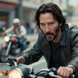 beautiful hyperrealism three point perspective film still of Keanu Reeves as neo with machine gun in a motorcycle chase scene in Matrix(1990) extreme closeup portrait in style of 1990s frontiers in translucent porclein miniature street photography seinen manga fashion edition, miniature porcelain model, focus on face, eye contact, tilt shift style scene background, soft lighting, Kodak Portra 400, cinematic style, telephoto by Emmanuel Lubezki