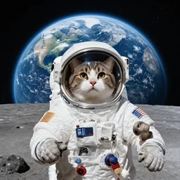 high resolution photo of cat in a space suit on the moon, rising earth