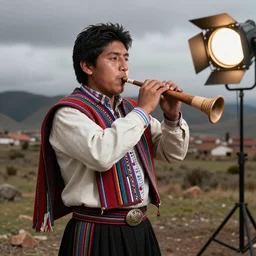 indigenous Bolivian young man playing a quena andean wind instrument, andean clothing, unreal 5, hyper realistic, realistic, photo realistic, dynamic lighting, highly detailed, cinematic landscape, studio landscape, studio lighting