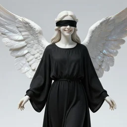 an angel of pristine alabaster wearing modest robes of black with pearlescent wings, sporting a joyous smile with her eyes blindfolded, hyper realistic, photograph, unreal engine, trending on artstation