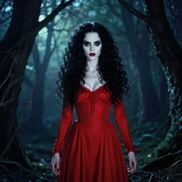 in the style of artgerm, full body, pretty alyson hannigan, evil dead demon, evil dead movie, red dress, brandon woelfel, symmetrical eyes, symmetrical face, long curly black hair, trees, forest, branches, brandon woelfel, cinematic lighting, evil dead creature, scary