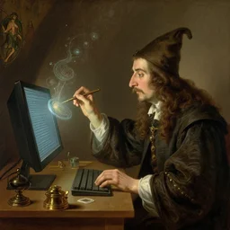 time travelling wizard experimenting with new arcane programming language on a computer, painting, ca. 1 8 8 0, carl spitzweg, joseph wright of derby
