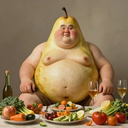 highly detailed portrait of a grossly obese flamboyant man who is shaped like a pear artstation he is sitting down for a lavish feast of only vegtables, 8 k, sfx, john singer sargent.