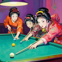 Geishas playing pool. trending on artstation, vibrant palette, boldly-inked gouache artwork, acrylic painting on oiled canvas, highly detailed digital illustration