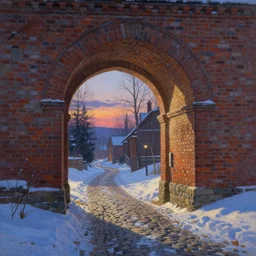 beautiful digital painting of a brick archway and cobblestone path in the snow in the evening by Evgeny Lushpin and Thomas Kinkade