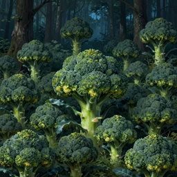 portrait of a forest with thousands of broccoli trees, highly detailed, digital painting, artstation, night scene, wlop concept art, smooth, sharp focus, illustration, art by dreadjim, craig mullins and greg rutkowski, 8 k