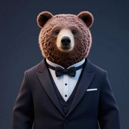 A full shot 3D render portrait of a Bear in a tuxedo. Unreal Engine 5. DAZ. Octane render. Symmetrical. Attention to detail. Vibrant bright colours. High saturation. Extremely moody lighting. Atmospheric. Cinematic. Intricate. 8K. Stunning. Breathtaking. Awe-inspiring. Award-winning. Concept art. Trending. ArtStation