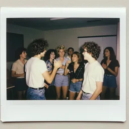 a Polaroid photo of a 1980 party in a student apartment