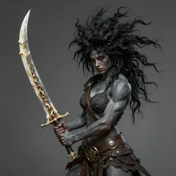 realistic art style, warrior girl, muscular girl, wild spiky black hair, long spiky hair, electrified hair, holding scimitar made of bone, scimitar, sword, jagged sword, curved sword, orkish sword, colorized, gray skin, hyper - detailed, primeval fantasy, prehistoric fantasy, art by jacques - louis david