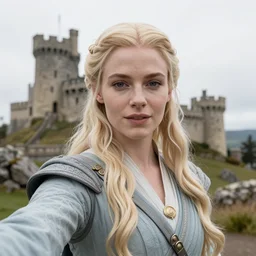 miranda otto as eowyn, posing for a selfie in front of a castle on a mountain