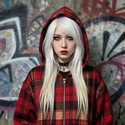 highly detailed portrait of a sewer punk canadian lady, tartan hoody, white hair by atey ghailan, by greg rutkowski, by greg tocchini, by james gilleard, by joe fenton, by kaethe butcher, gradient red, brown, blonde cream and white color scheme, grunge aesthetic!!! ( ( graffiti tag wall background ) )