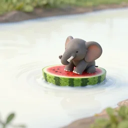 a small elephant sits in a short watermelon and swims along the river of white milk, white water