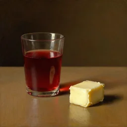 still life closeup of a glass of blood and stick of butter on the table illuminated in the early morning light art by anders zorn, wonderful masterpiece by greg rutkowski, beautiful cinematic light, american romanticism thomas lawrence, greg rutkowski rule of thirds, golden ratio global illumination caustics subsurface scattering