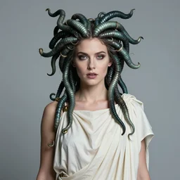 mid - shot portrait of anne curtis as medusa looking for camera wearing a greek chiton, fantastically eerie, styled by masamune shirow, desaturated colors, pen and ink, glamorous pose, intricate line drawings, by craig mullins, ruan jia, kentaro miura, greg rutkowski, victo ngai