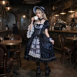 full body portrait photo of reol wearing a elegant gothic dress, open top, wearing a chocker and cute hat, drinking coffee in a ( ( busy ) ) steampunk cafe interior, dim studio lighting, at night, ( ( photograph ) ), moody, realistic, detailed, low light, skin tinted a warm tone, light blue filter, hdr, 8 k