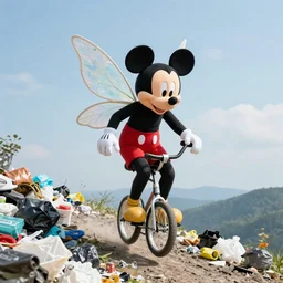 “ a large fairy in a mickey mouse suit trying to ride a unicycle up a mountain of garbage”