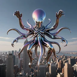 metallic cthulhu - cybog hovering over a new york city. shiny, gradient lighting, detailed, full - body, concept art, hyper - realistic, octan render, 8 k