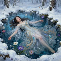 artistic painting, ice princess in snow, ophelia, wearing ornate robes, beautiful eyes and lips, floating supine in a forest pond, flowers, art by artgerm and wlop and brom, highly detailed, 8 k, cinematic, digital painting, sharp focus, illustration, masterpiece