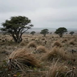 windy fantasy landscape with swept-over trees and swept-over extremophile plants, far away landscape shot with visible wind, tilt-shifted, high quality art, 4k