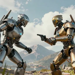two futuristic robot fighting each other, landscape, Cyberpunk, Steampunk, close up, cloudy, mountains on background, peaceful day