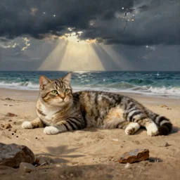 a cat laying down on the beach painting by salvador dali