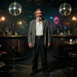the full - body shot of smiling wrinkled unkempt detective ( ( ( ( ( joaquin phoenix ) ) ) ) ) with mutton chops beard worn in grey jacket and white shirt in dark steampunk fallout disco bar, cinematography of christopher doyle, frostpunk, neon gloomy light, discoball reflections, anamorphic, optical flares, kodak film, insanely detailed, 8 k