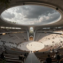 hieronymus bosch, zaha hadid, archviz, 8 k, 3 d, hyper detailed, archviz, hyper realism, octane render, unreal engine, zbrush, dramatic lighting, concept art, a beautiful massive outdoor amphitheater in the future