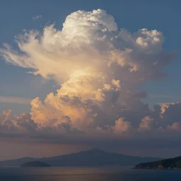 massive cumulonimbus clouds at sunrise where the sea mountains meet the sea. in the style of a surreal and sublime oil on canvas masterpiece mural painting by the great masters, awesome and awe - inspiring detail, unreal engine, 4 k, matte finish