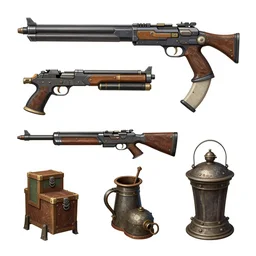 6 different weapons and items from a game asset concept art Stanley Artgerm Lau, WLOP, Rossdraws, James Jean, Andrei Riabovitchev, Marc Simonetti, and Sakimichan, tranding on artstation , assets