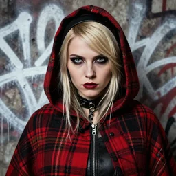 highly detailed closeup portrait of a sewer punk swedish female assassin student, tartan cloak, blonde hair with headband by atey ghailan, by greg rutkowski, by greg tocchini, by james gilleard, by joe fenton, by kaethe butcher, gradient red, black, brown and white color scheme, grunge aesthetic!!! white graffiti tag wall background