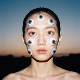 studio portrait of a mutated human with eyes all over his face. mutation, radioactive, extra eyeballs. dusk, sunset, film photo, rollei 3 5 camera, kodachrome film