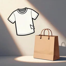 drawing of a mouse cursor dragging a shirt to a shopping bag, clipart