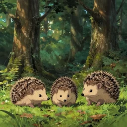 a family of hedgehogs in the forest, in the style of makoto shinkai and greg rutkowski and james gurney