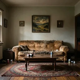 a room, old torn couch, coffee table, some beer cans and garbage, wood floor, large circular rug, stoner artifacts, square on composition