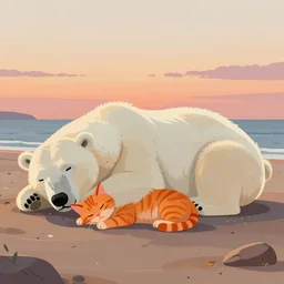 an orange cat and a polar bear sleeping on the beach at sunset. featured on artstation. digital art. landscape painting.