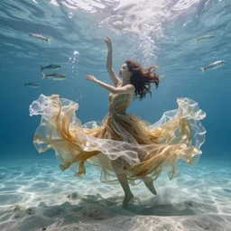 a beautiful young woman dances and whirls underwater in the distance, dancing on the sandy sea bottom, wearing a dress made of many very long layers of thin sheer gold and silver fabrics flowing in the fast current, swirling schools of silver fish, bubbles, swirling smoke shapes, octane render, bright caustics lighting from above, fantasy