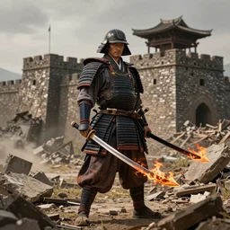 A veteran samurai warrior holding flaming swords standing on a destroyed fort by Aaron Miller