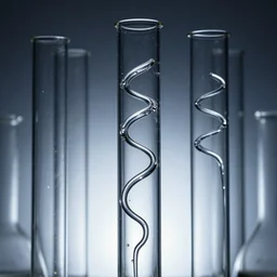 chemistry experiment glass tubes, high-key lighting, interesting liquids flow through the spirals