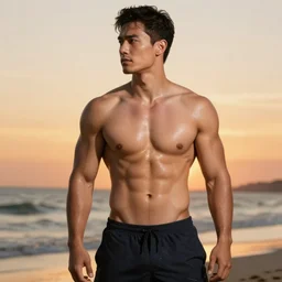 beautiful curvy man posing on beach dramatic sunset sun page 3 moisture sweating gorgeous muscular cinematic lighting