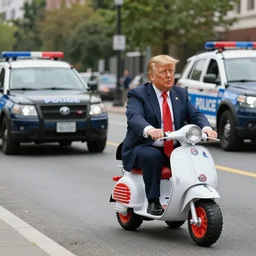 donald trump riding a toy scooter away from police cars