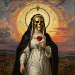 rembrandt oil painting of a woman with metalic gold skeleton mask, wearing white and black virgin attire wearing an aureola made of gold, cactus and pearls over the head, holding a rose in a hand, with warm sunset backlight reflecting on a whirlpool of clouds forming acircular background. sunset light. beneath there's a barren land with serpents.