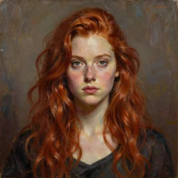 young woman, medium wavy red hair, slightly tanned, heroine, oil painting, portrait, intricate complexity, rule of thirds, in the style of artgerm, character concept