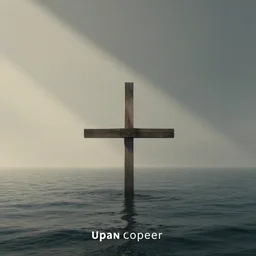 upside - down cross rising out of a calm and serene!! ocean, album cover, relaxing tones, muted tones, expressionist, minimalist,