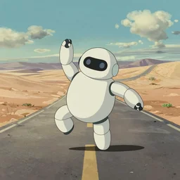 a study of cell shaded cartoon of a short fat robot dancing on a desert road, full body, wide shot, very muted colors, post grunge, studio ghibli, laurie greasley, highly detailed, deviantart, art by artgem