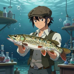 a pike fish wearing flat cap and gilet in an underwater alchemical laboratory. digital illustration. fantasy. detailed. waterbubbles. by artgerm, wlop, james jean, andrei riabovitchev, marc simonetti, yoshitaka amano