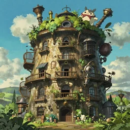 A Huge Steampunk Old Apartment Building by Howl's Moving Castle Ghibli, by Miyazaki, by Vincent Di Fate Nausicaa, Ghibli, Breath of The Wild, epic composition, green plants, octane render, trending on artstation