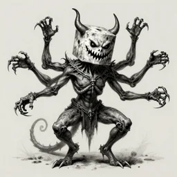 illustration of a demon spirit of gambling and fear with six spindly arms and a cube shaped head sporting a razor smile, trending on art station, very detailed, haunting, fine detail, intricate, peter mohrbacher