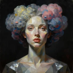a dark neoclassicist sci - fi close - up portrait of a geometric woman becoming colorful puffy cartoon clouds. reflective detailed textures. gloomy lighting, black background. highly detailed fantasy science fiction painting by, moebius, norman rockwell, frank frazetta, and syd mead. high contrast. artstation
