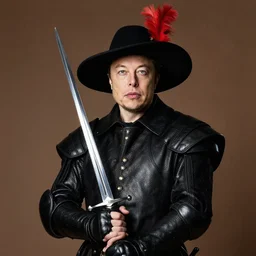 photo of elon musk as a musketeer, he has a big black hat with a red feather, he is holding a shiny rapier sword, he is posing and looking straight to the camera, brown background, studio lighting, 4 k, 8 k